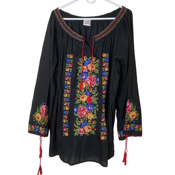 Royal Moda Plus 3X Black Cross Stitch Floral Embroidered Boho Peasant Blouse - Picture 1 of 9